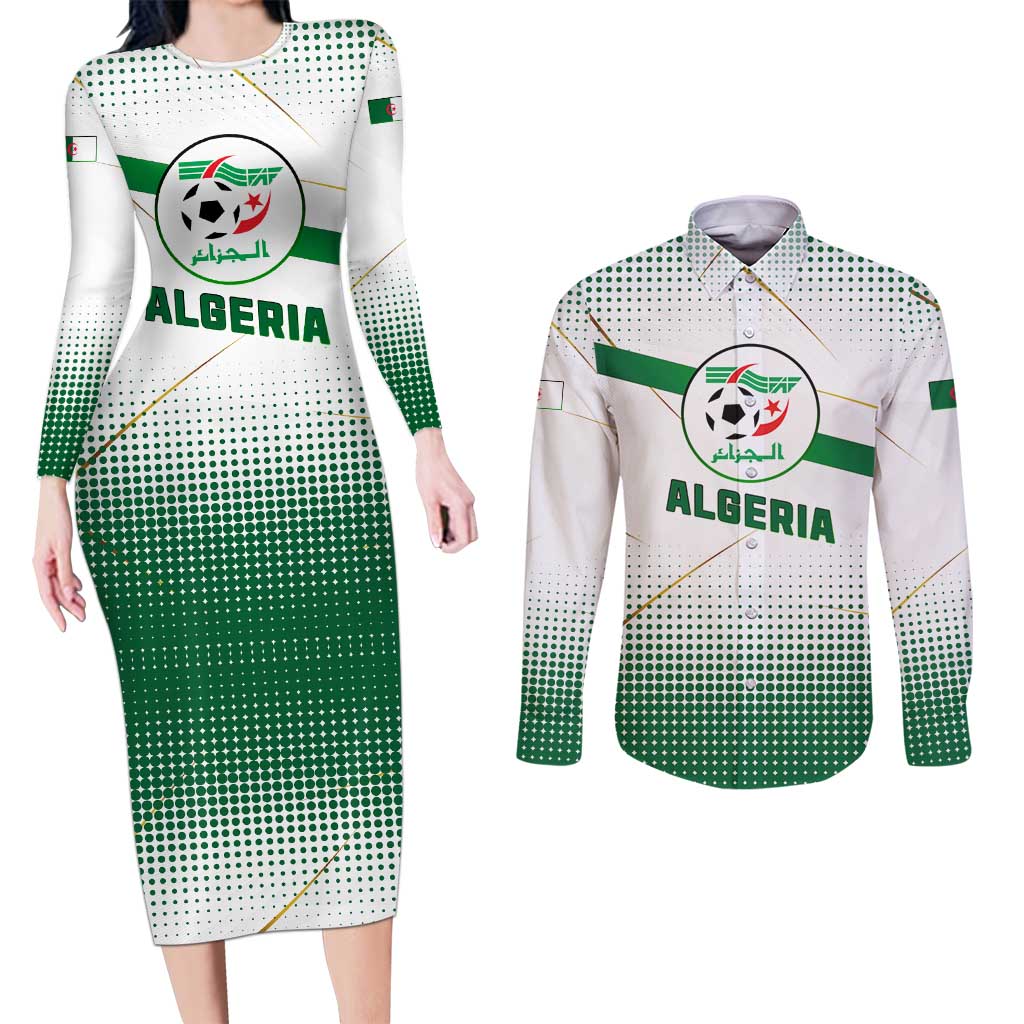 Algeria Soccer Couples Matching Long Sleeve Bodycon Dress and Long Sleeve Button Shirt with Desert Warriors Text and National Flag Design