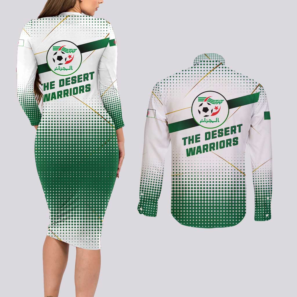 Algeria Soccer Couples Matching Long Sleeve Bodycon Dress and Long Sleeve Button Shirt with Desert Warriors Text and National Flag Design