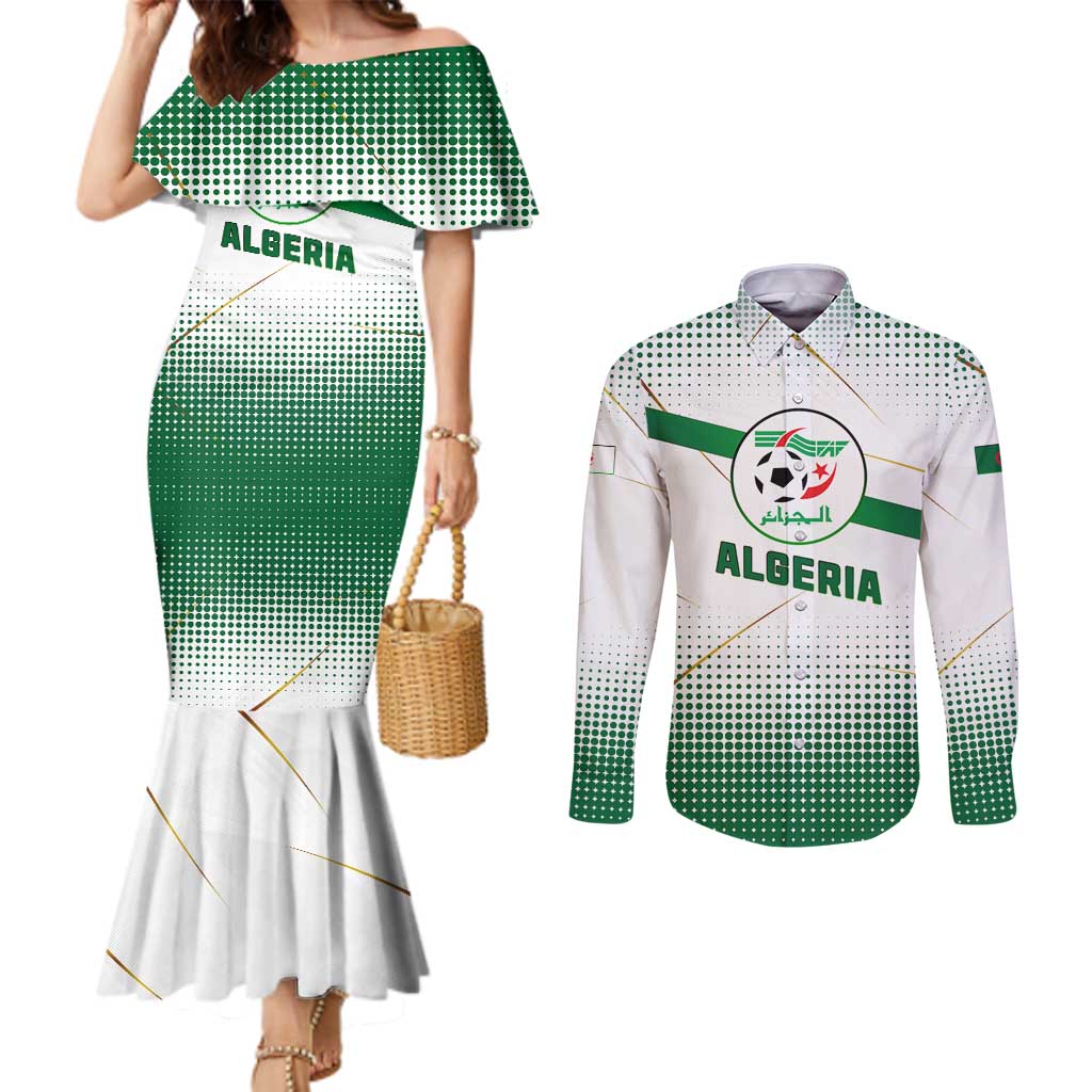 Algeria Soccer Couples Matching Mermaid Dress and Long Sleeve Button Shirt with Desert Warriors Text and National Flag Design