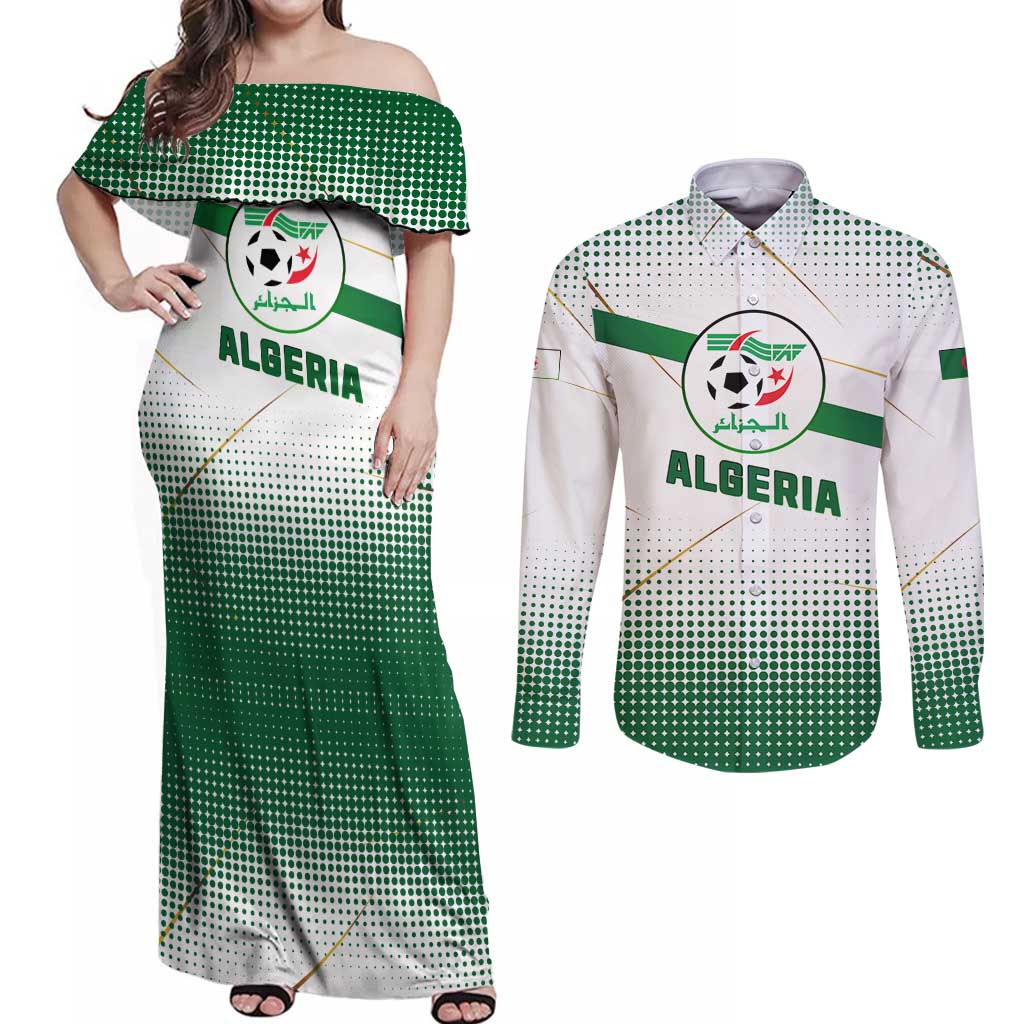 Algeria Soccer Couples Matching Off Shoulder Maxi Dress and Long Sleeve Button Shirt with Desert Warriors Text and National Flag Design