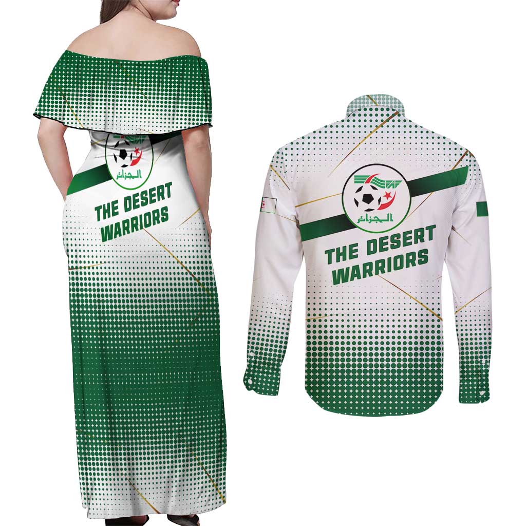 Algeria Soccer Couples Matching Off Shoulder Maxi Dress and Long Sleeve Button Shirt with Desert Warriors Text and National Flag Design