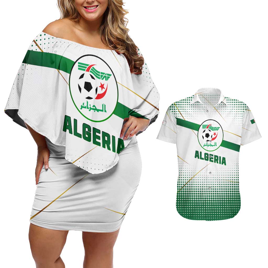 Algeria Soccer Couples Matching Off Shoulder Short Dress and Hawaiian Shirt with Desert Warriors Text and National Flag Design