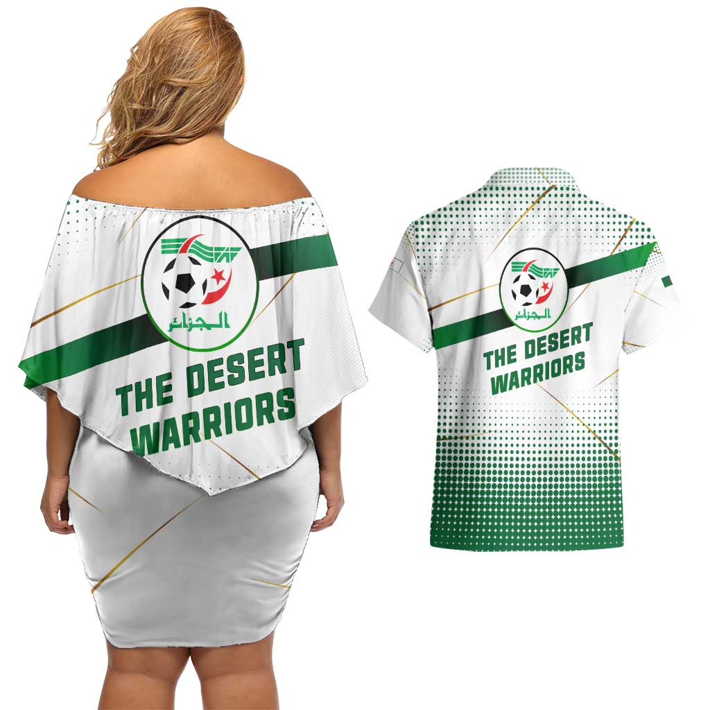 Algeria Soccer Couples Matching Off Shoulder Short Dress and Hawaiian Shirt with Desert Warriors Text and National Flag Design
