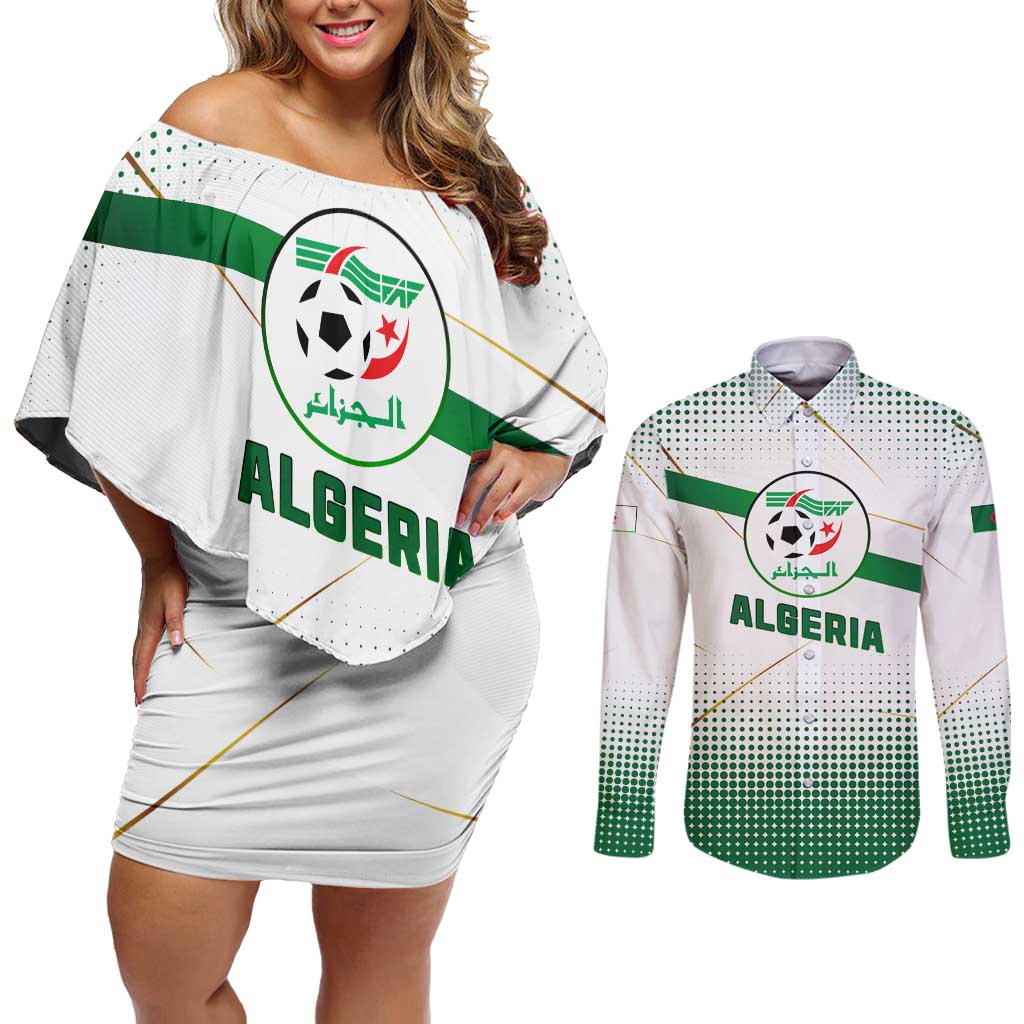 Algeria Soccer Couples Matching Off Shoulder Short Dress and Long Sleeve Button Shirt with Desert Warriors Text and National Flag Design