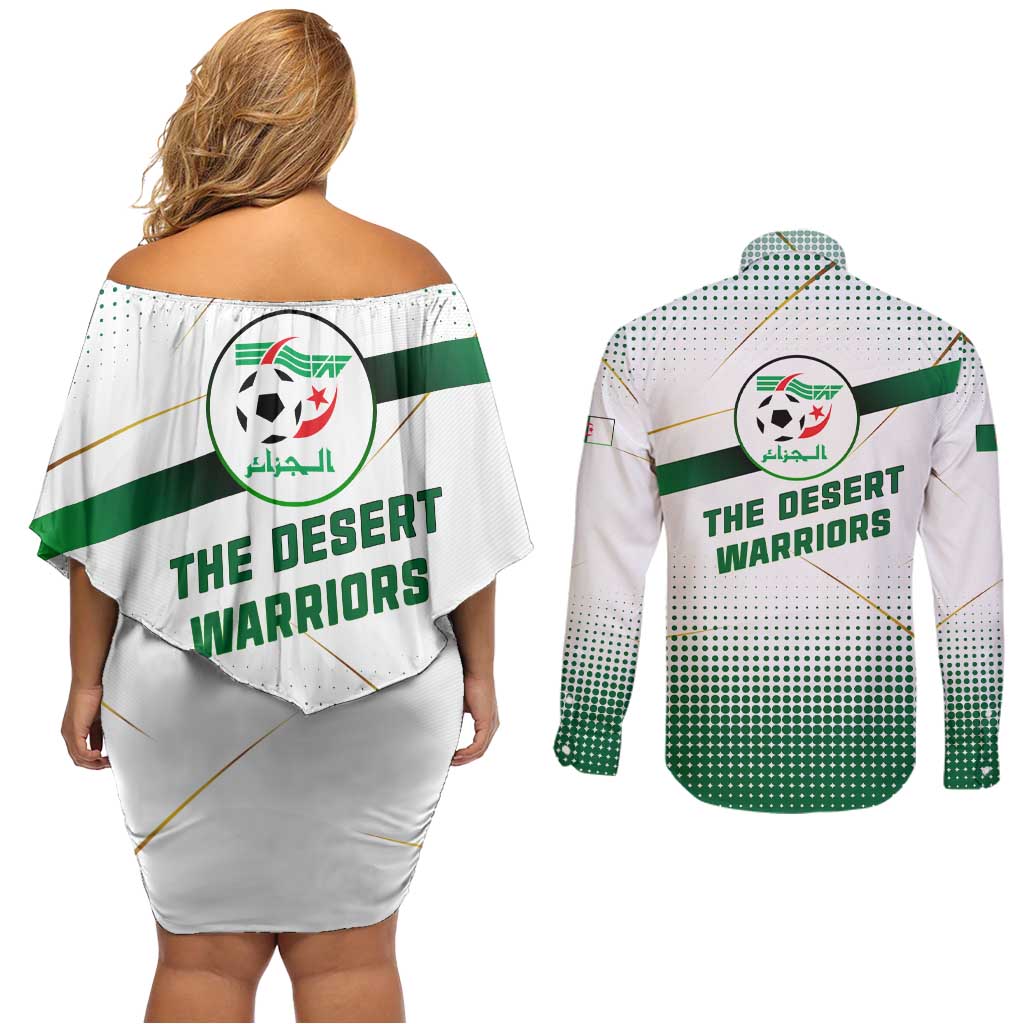 Algeria Soccer Couples Matching Off Shoulder Short Dress and Long Sleeve Button Shirt with Desert Warriors Text and National Flag Design