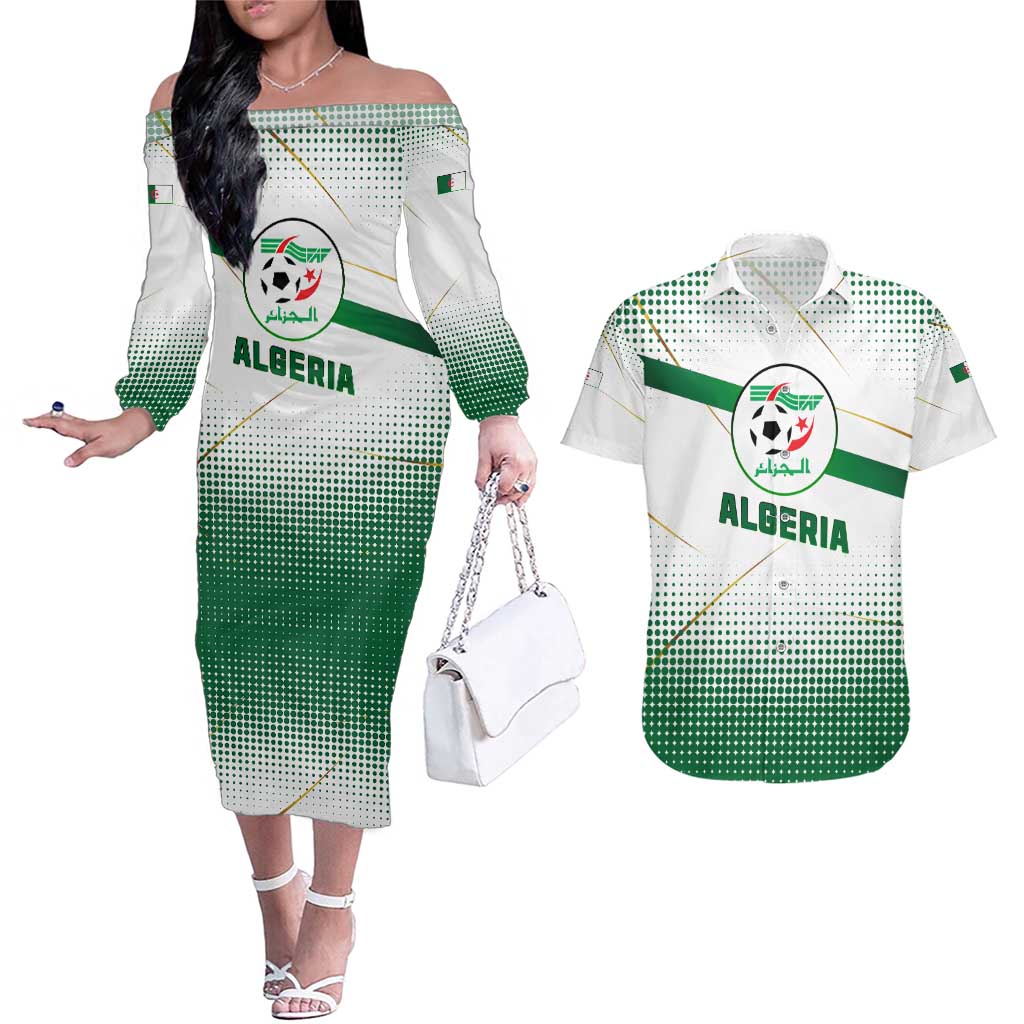 Algeria Soccer Couples Matching Off The Shoulder Long Sleeve Dress and Hawaiian Shirt with Desert Warriors Text and National Flag Design