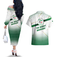 Algeria Soccer Couples Matching Off The Shoulder Long Sleeve Dress and Hawaiian Shirt with Desert Warriors Text and National Flag Design