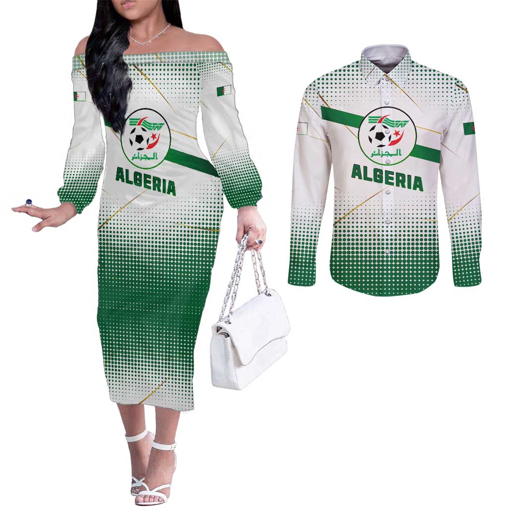 Algeria Soccer Couples Matching Off The Shoulder Long Sleeve Dress and Long Sleeve Button Shirt with Desert Warriors Text and National Flag Design