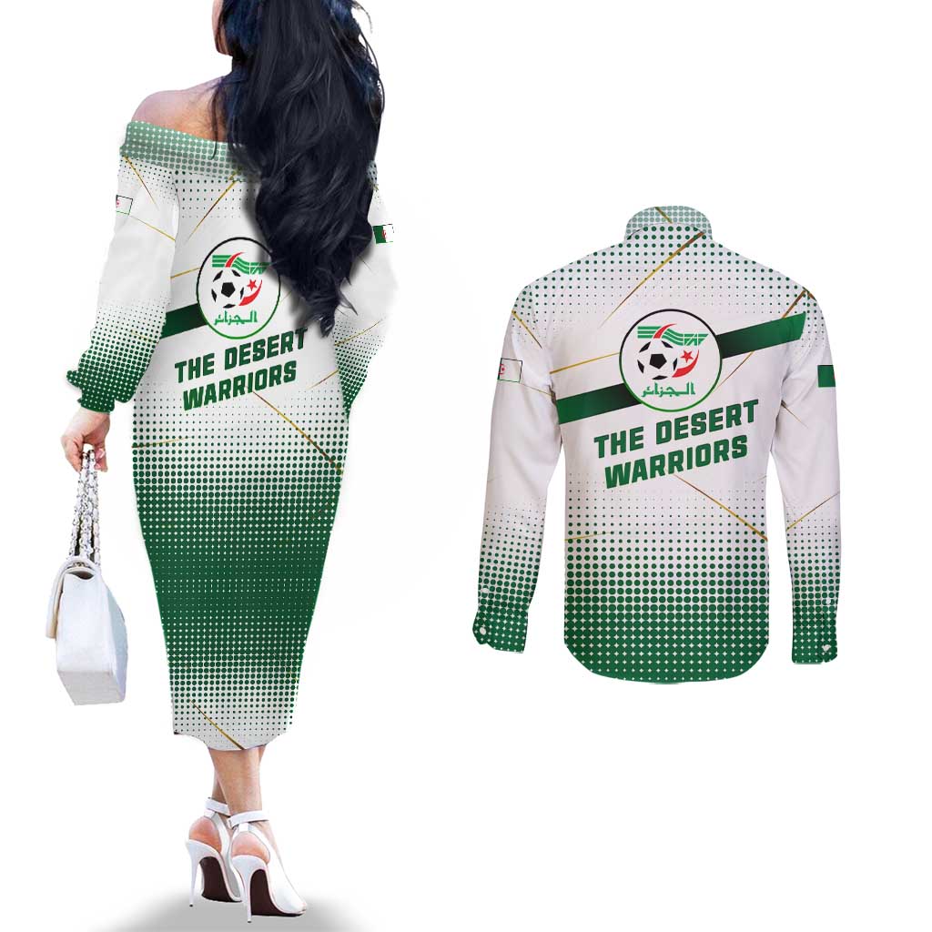 Algeria Soccer Couples Matching Off The Shoulder Long Sleeve Dress and Long Sleeve Button Shirt with Desert Warriors Text and National Flag Design
