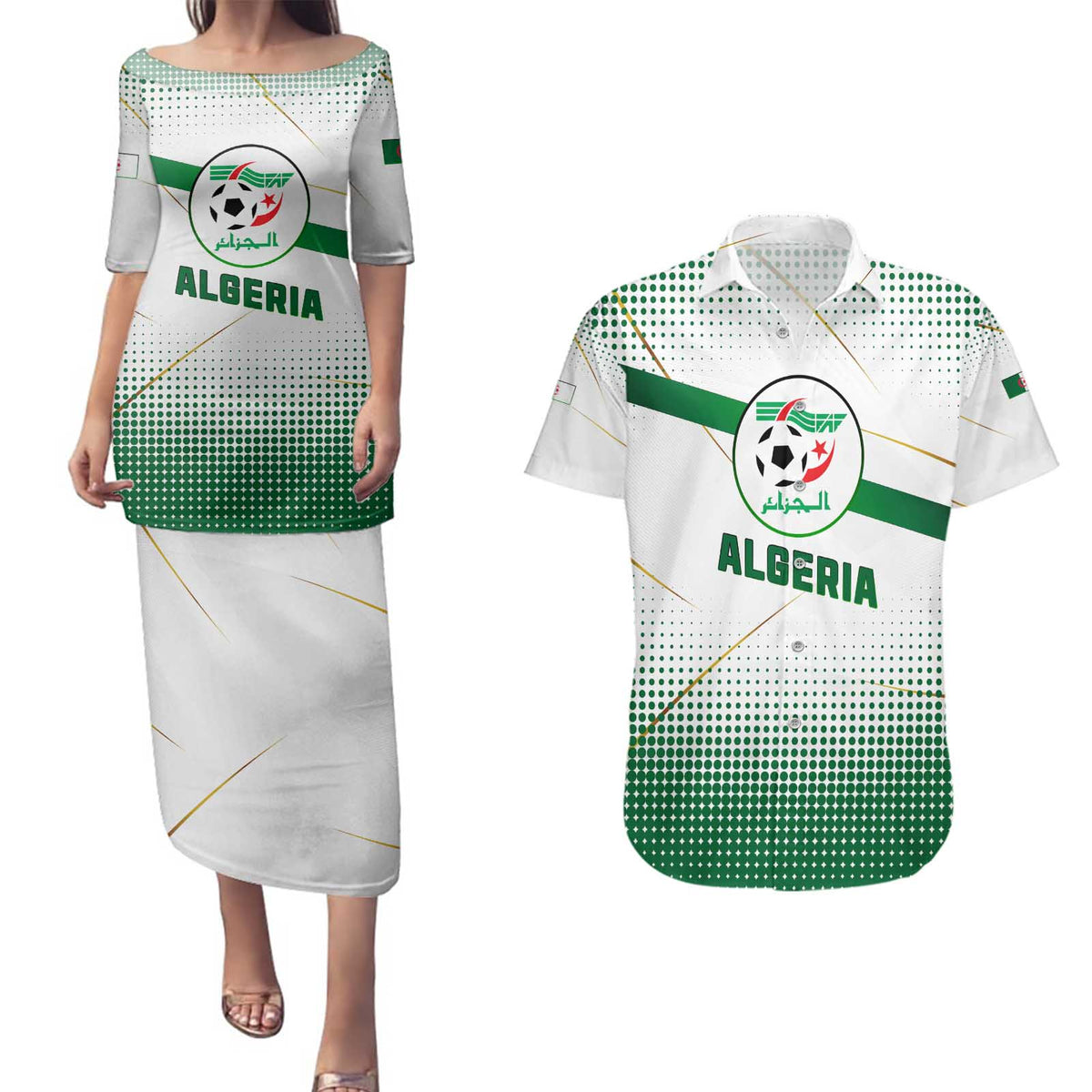Algeria Soccer Couples Matching Puletasi and Hawaiian Shirt with Desert Warriors Text and National Flag Design
