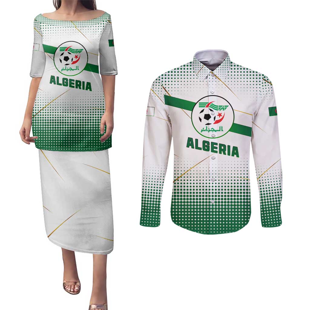 Algeria Soccer Couples Matching Puletasi and Long Sleeve Button Shirt with Desert Warriors Text and National Flag Design