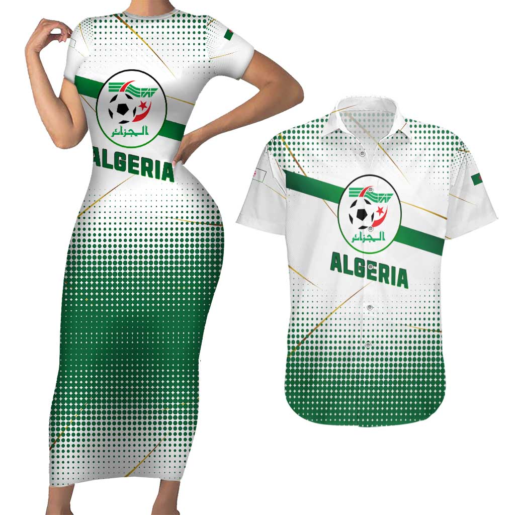 Algeria Soccer Couples Matching Short Sleeve Bodycon Dress and Hawaiian Shirt with Desert Warriors Text and National Flag Design