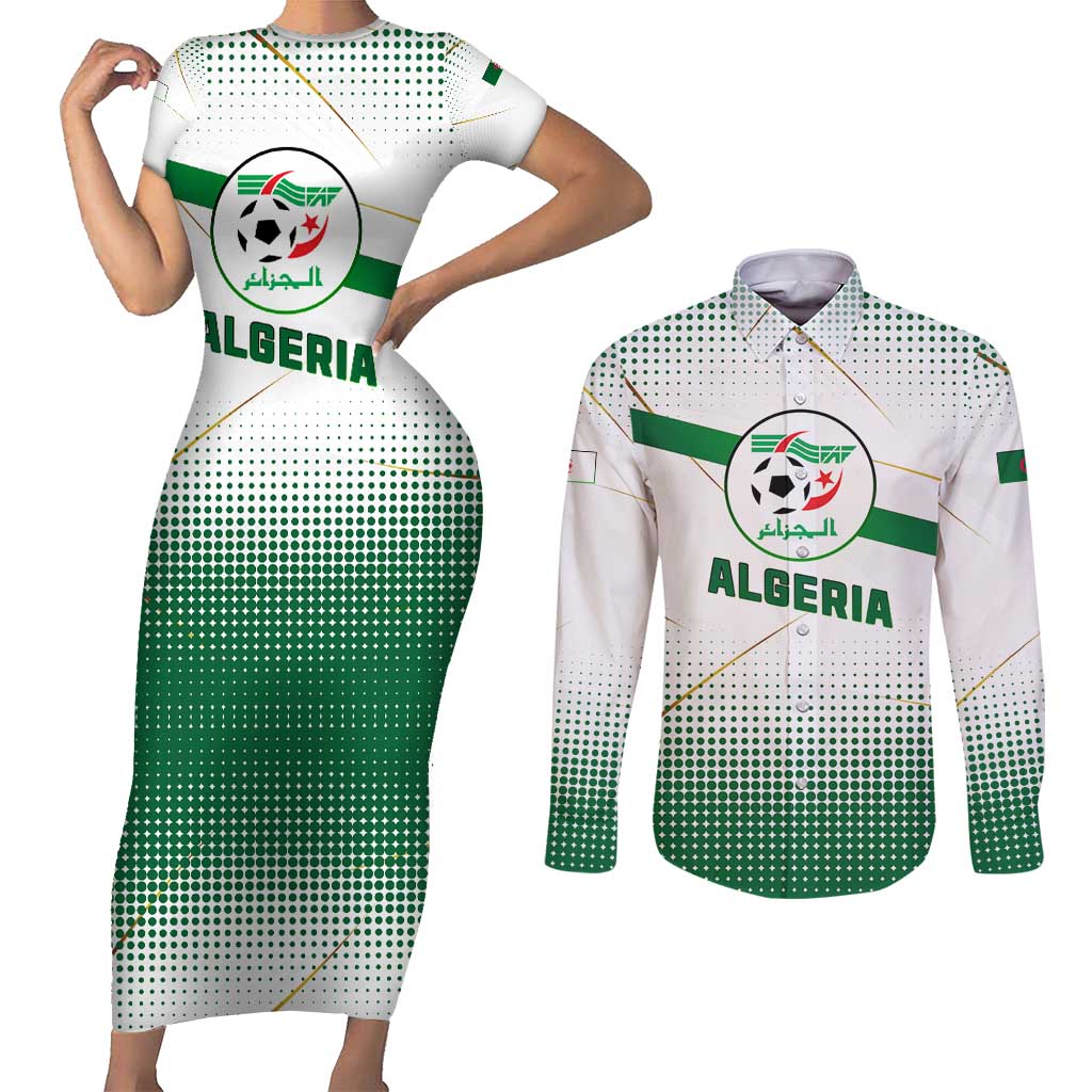 Algeria Soccer Couples Matching Short Sleeve Bodycon Dress and Long Sleeve Button Shirt with Desert Warriors Text and National Flag Design