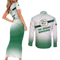 Algeria Soccer Couples Matching Short Sleeve Bodycon Dress and Long Sleeve Button Shirt with Desert Warriors Text and National Flag Design
