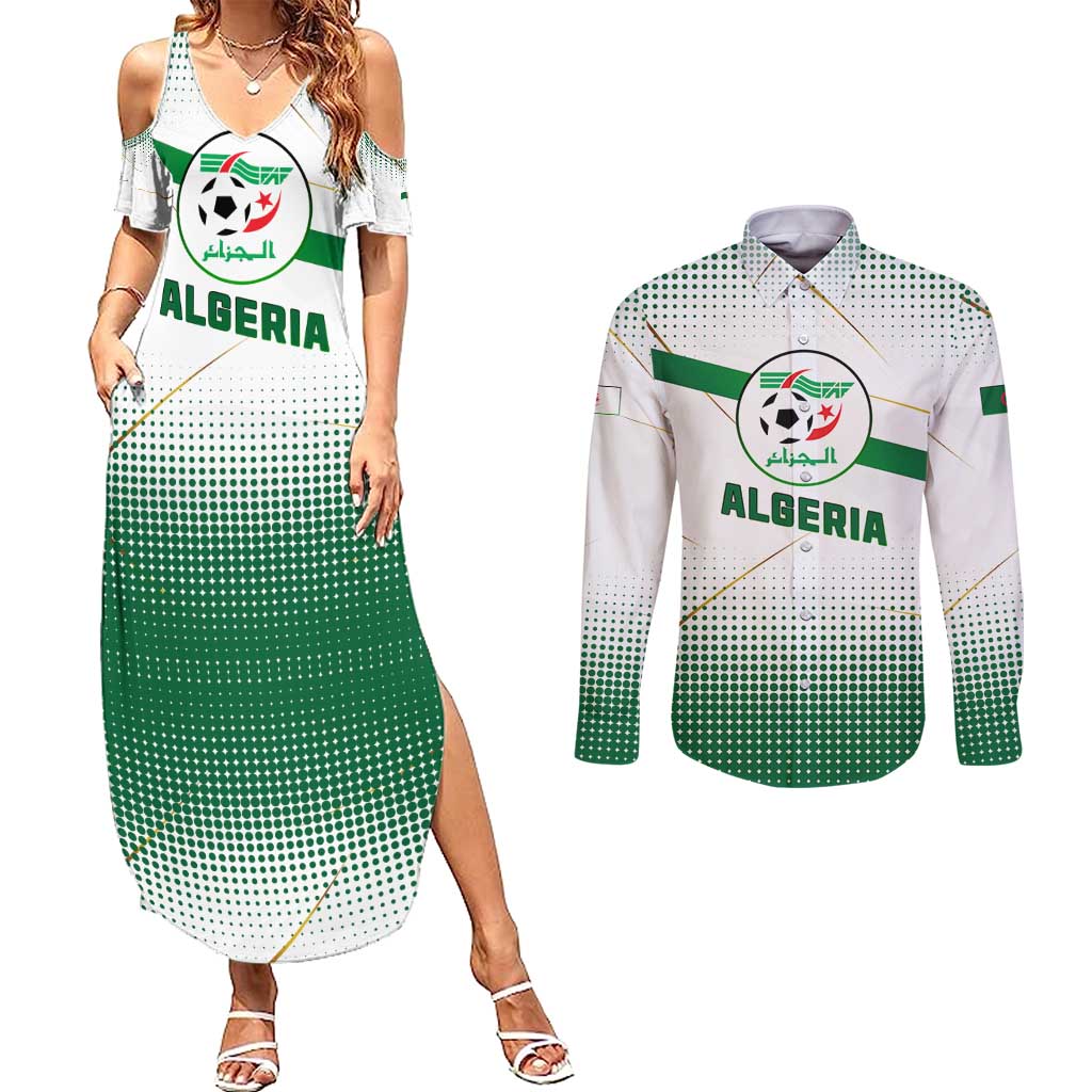 Algeria Soccer Couples Matching Summer Maxi Dress and Long Sleeve Button Shirt with Desert Warriors Text and National Flag Design
