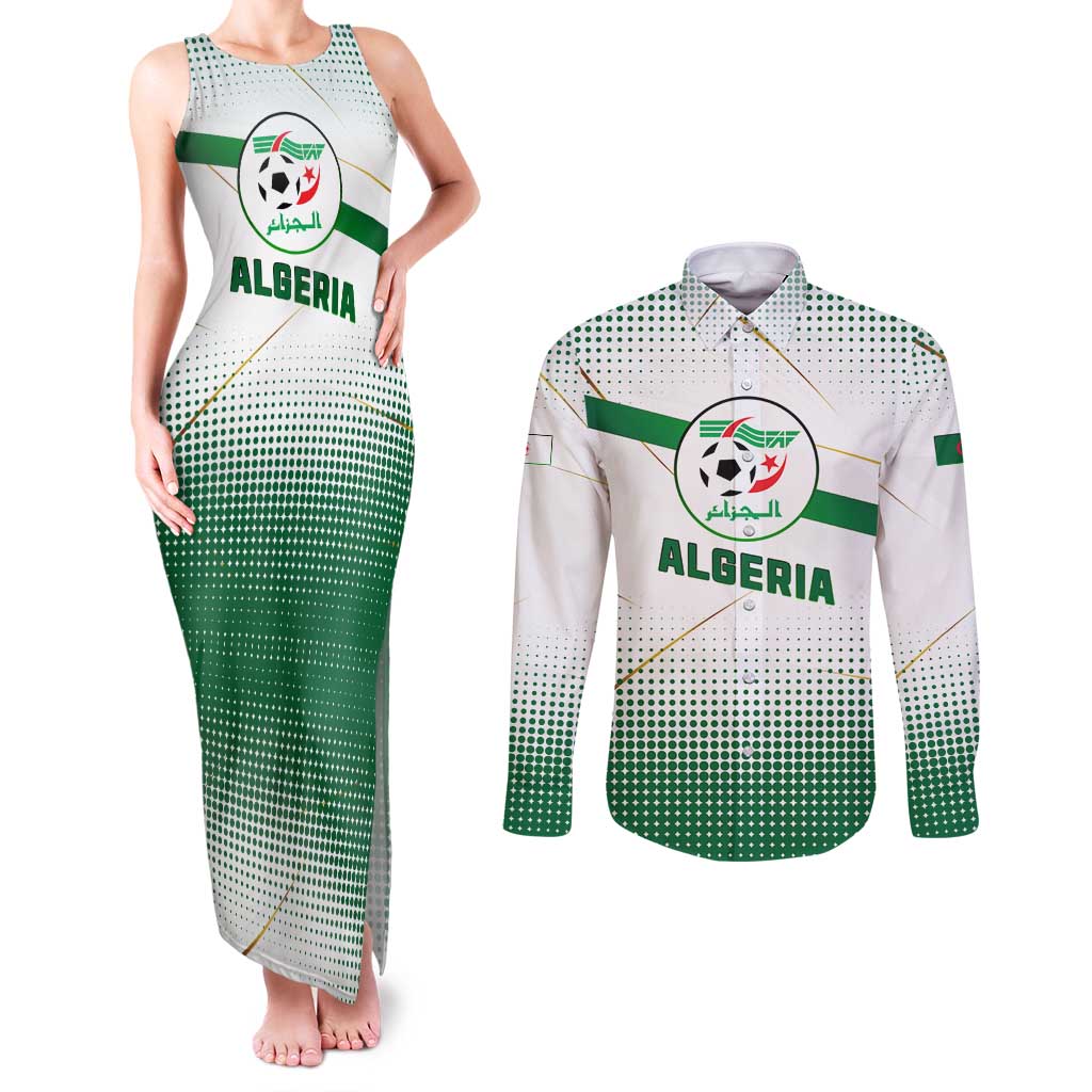 Algeria Soccer Couples Matching Tank Maxi Dress and Long Sleeve Button Shirt with Desert Warriors Text and National Flag Design