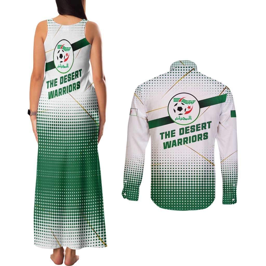 Algeria Soccer Couples Matching Tank Maxi Dress and Long Sleeve Button Shirt with Desert Warriors Text and National Flag Design