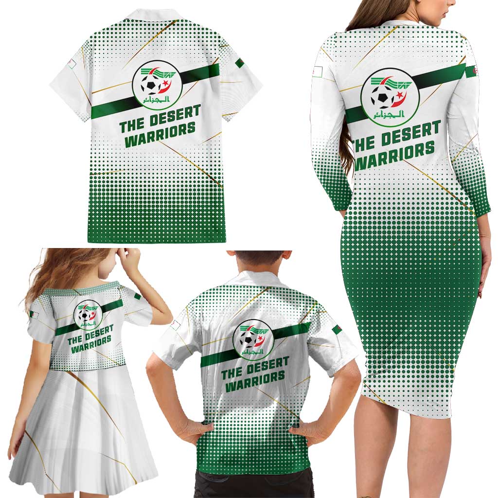 Algeria Soccer Family Matching Long Sleeve Bodycon Dress and Hawaiian Shirt with Desert Warriors Text and National Flag Design
