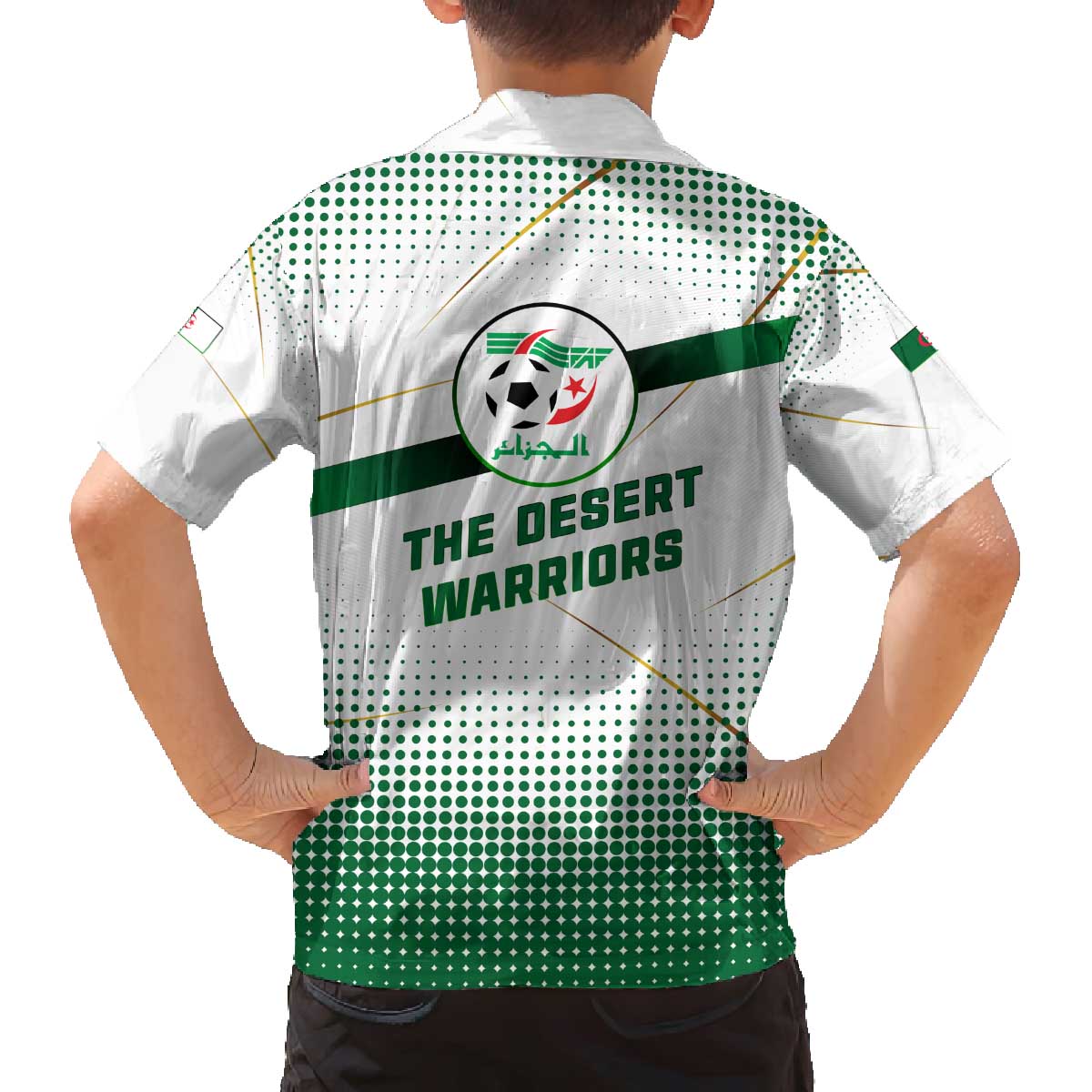 Algeria Soccer Family Matching Off The Shoulder Long Sleeve Dress and Hawaiian Shirt with Desert Warriors Text and National Flag Design