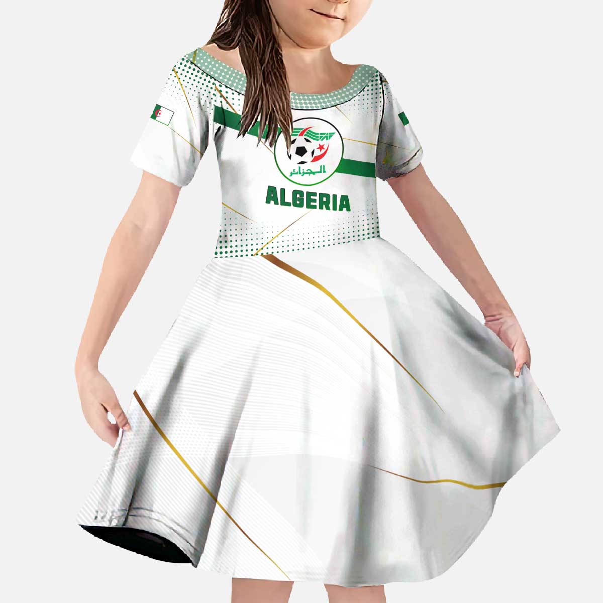 Algeria Soccer Family Matching Off The Shoulder Long Sleeve Dress and Hawaiian Shirt with Desert Warriors Text and National Flag Design