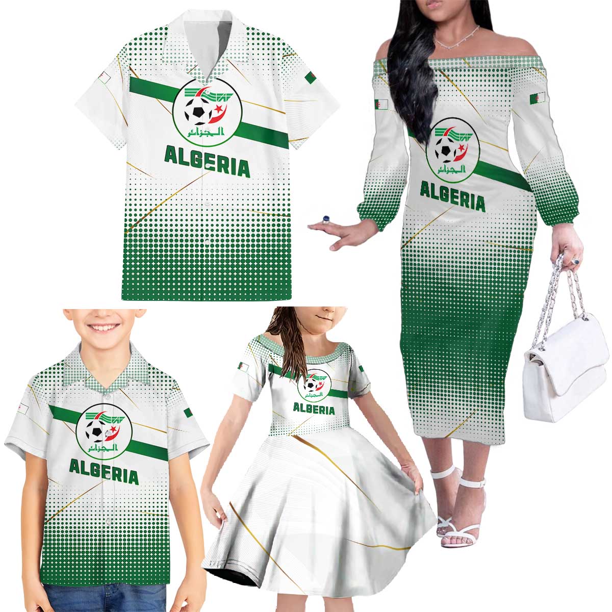 Algeria Soccer Family Matching Off The Shoulder Long Sleeve Dress and Hawaiian Shirt with Desert Warriors Text and National Flag Design