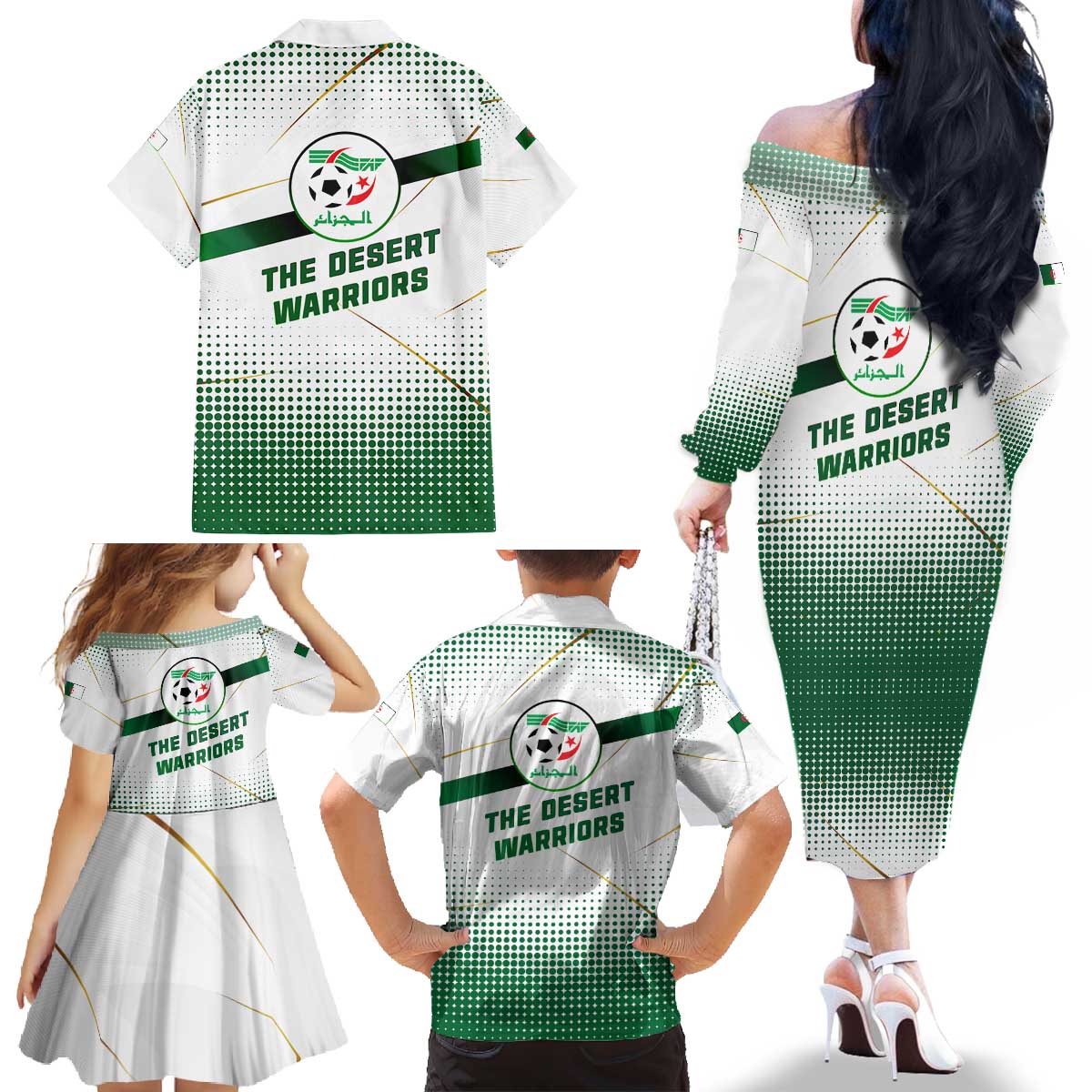 Algeria Soccer Family Matching Off The Shoulder Long Sleeve Dress and Hawaiian Shirt with Desert Warriors Text and National Flag Design