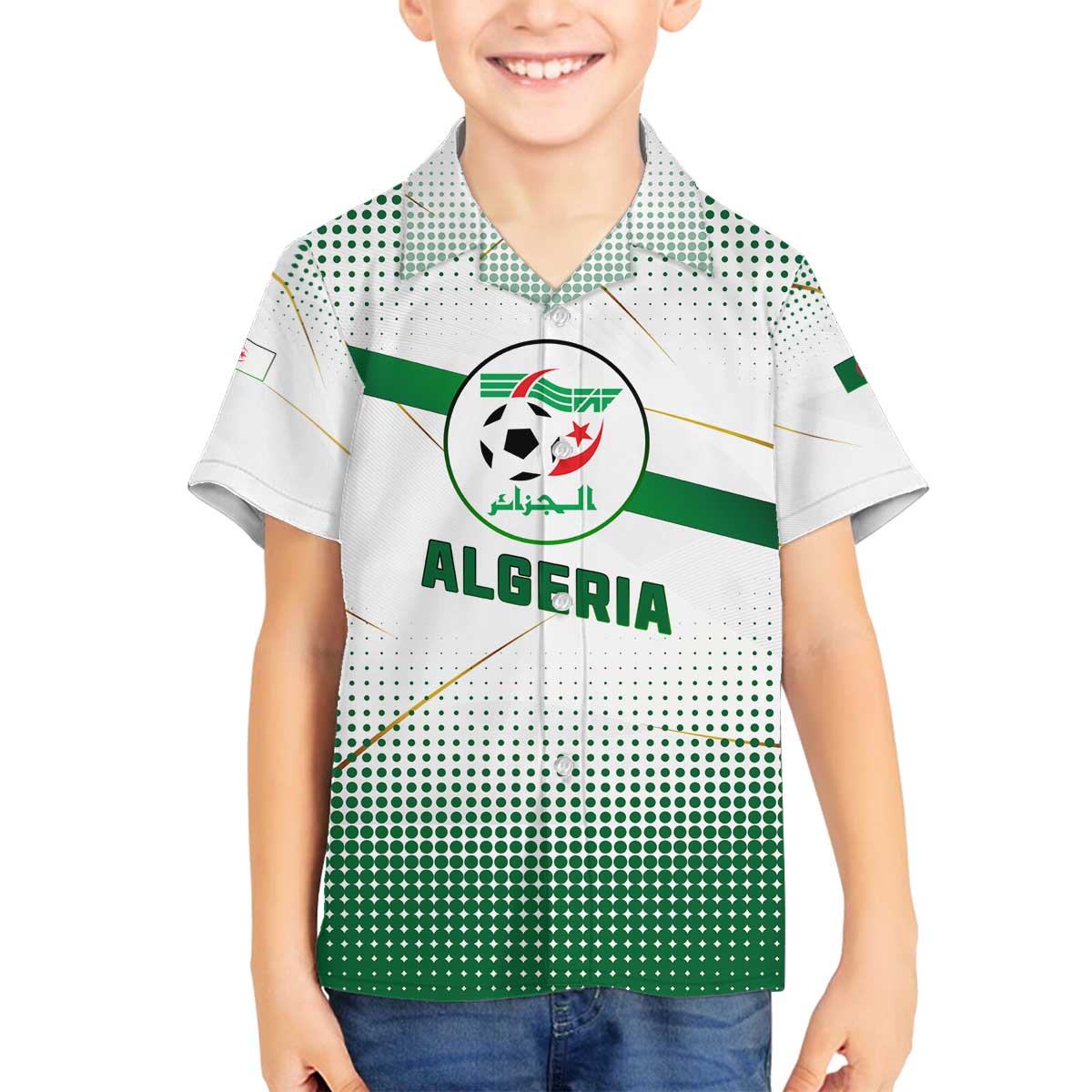 Algeria Soccer Family Matching Off The Shoulder Long Sleeve Dress and Hawaiian Shirt with Desert Warriors Text and National Flag Design
