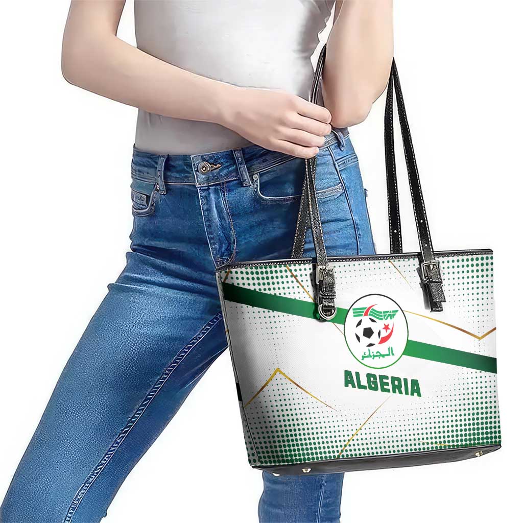 Algeria Soccer Leather Tote Bag with Desert Warriors Text and National Flag Design