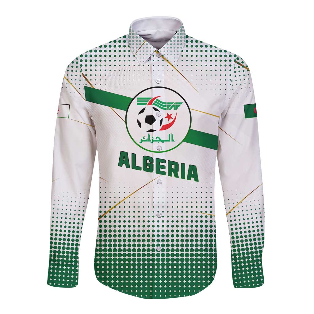 Algeria Soccer Long Sleeve Button Shirt with Desert Warriors Text and National Flag Design