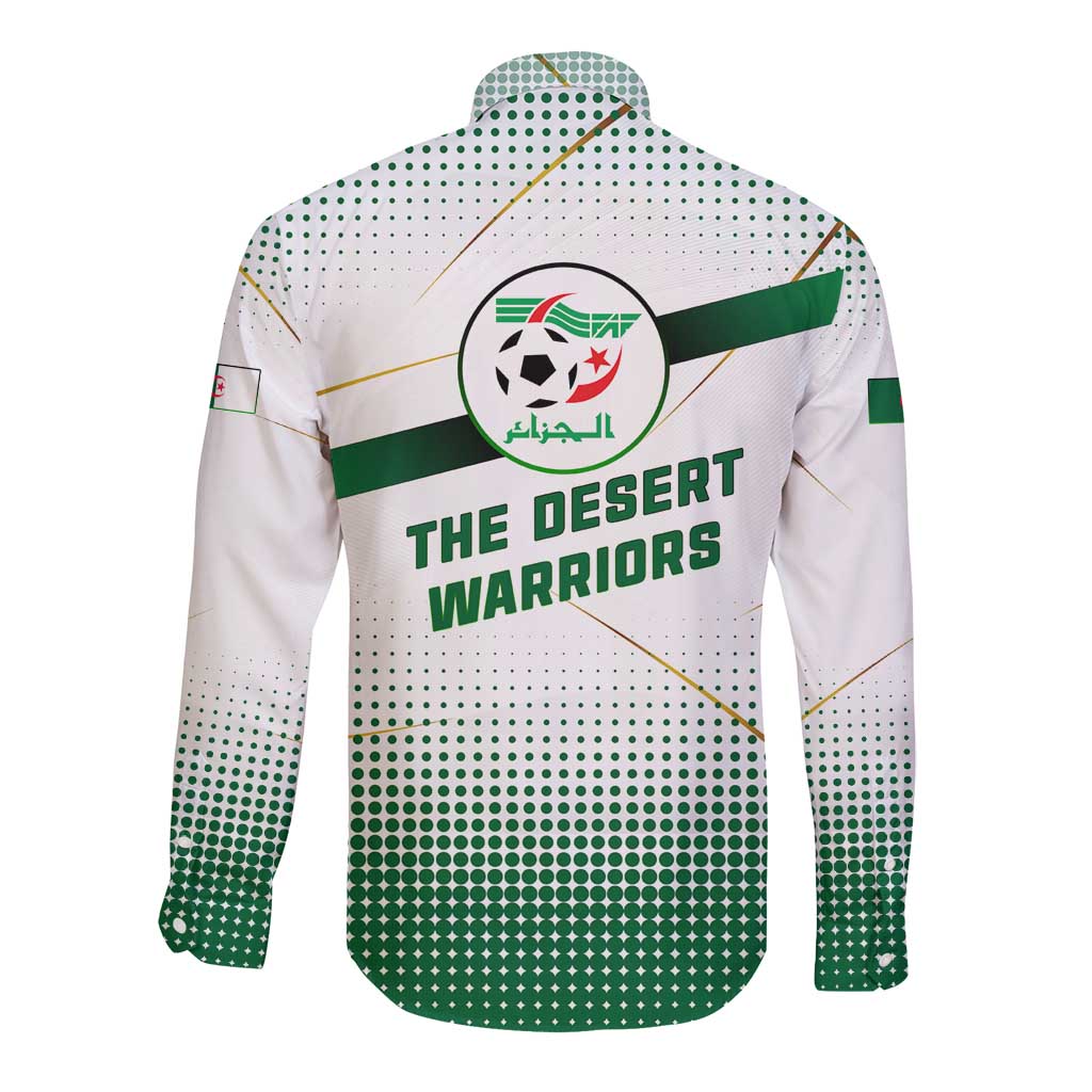 Algeria Soccer Long Sleeve Button Shirt with Desert Warriors Text and National Flag Design