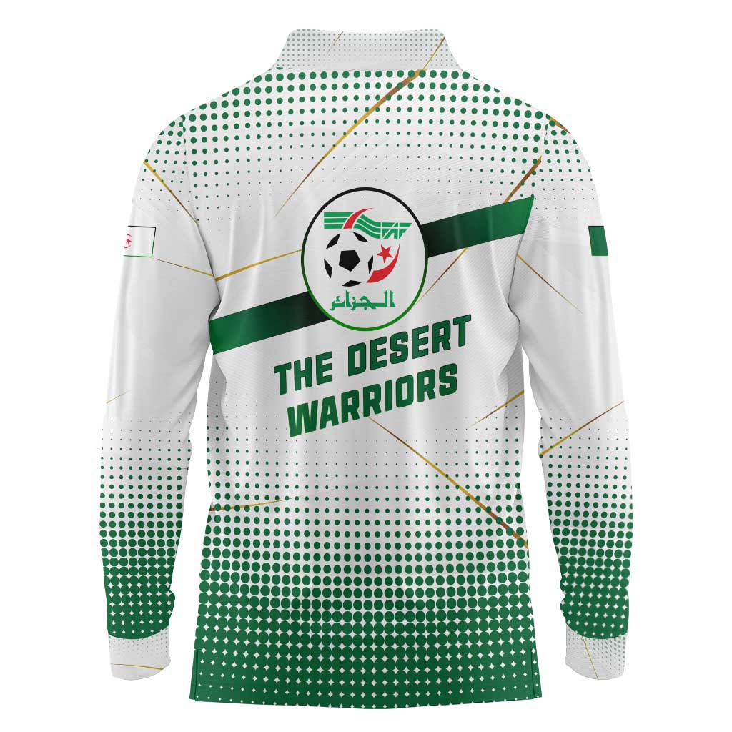 Algeria Soccer Long Sleeve Polo Shirt with Desert Warriors Text and National Flag Design