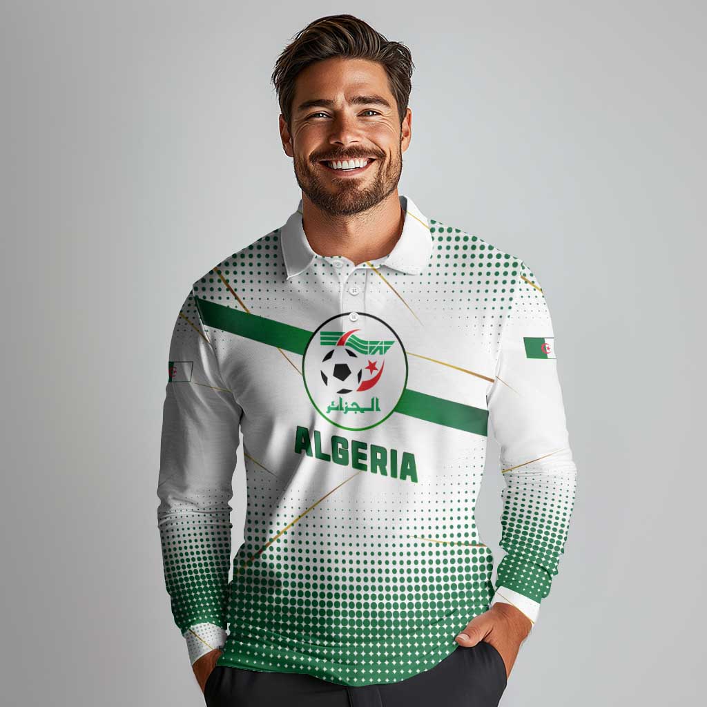 Algeria Soccer Long Sleeve Polo Shirt with Desert Warriors Text and National Flag Design