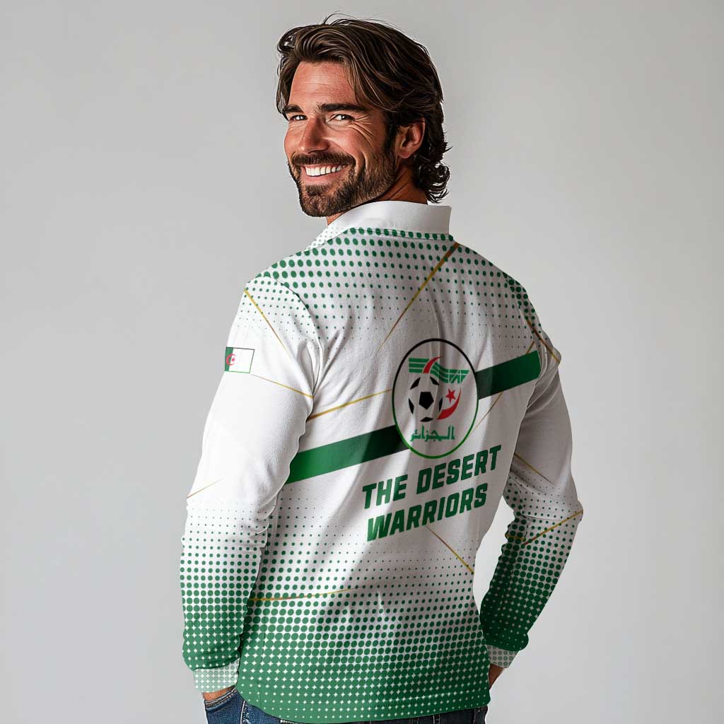 Algeria Soccer Long Sleeve Polo Shirt with Desert Warriors Text and National Flag Design