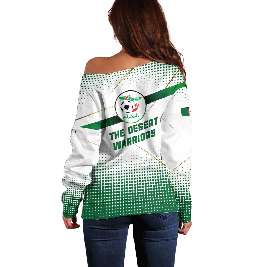 Algeria Soccer Off Shoulder Sweater with Desert Warriors Text and National Flag Design