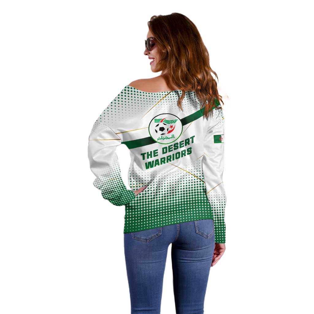 Algeria Soccer Off Shoulder Sweater with Desert Warriors Text and National Flag Design