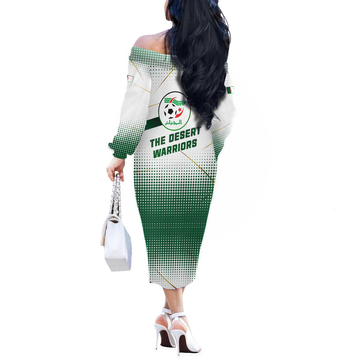 Algeria Soccer Off The Shoulder Long Sleeve Dress with Desert Warriors Text and National Flag Design