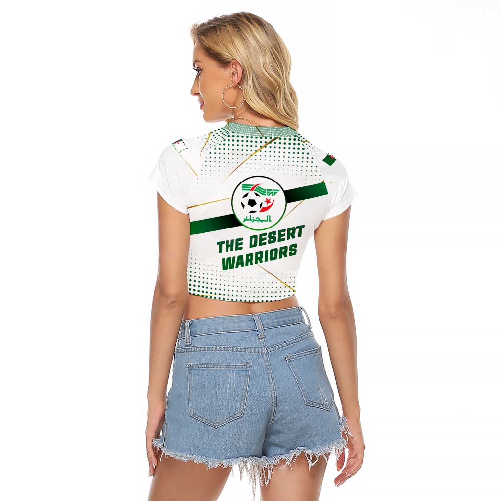 Algeria Soccer Raglan Cropped T Shirt with Desert Warriors Text and National Flag Design