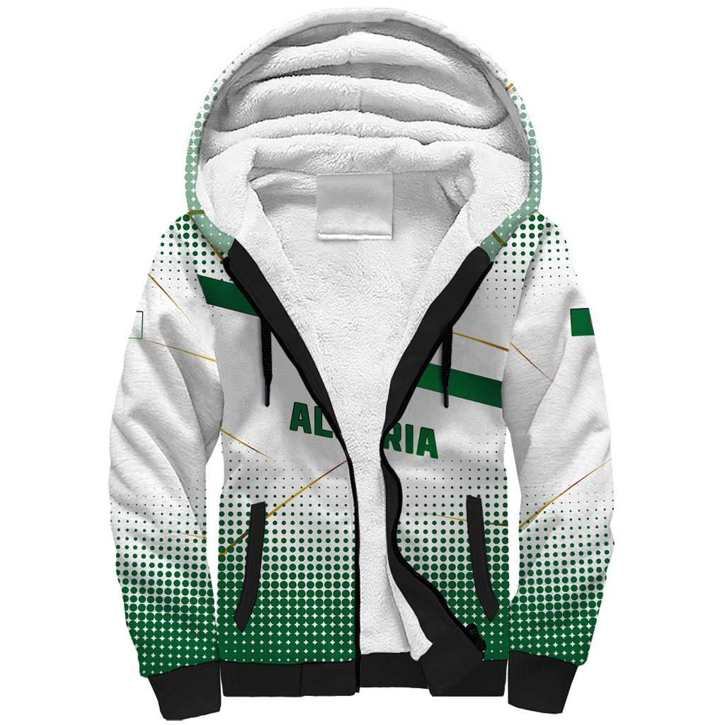 Algeria Soccer Sherpa Hoodie with Desert Warriors Text and National Flag Design