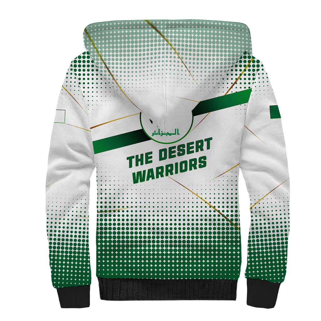 Algeria Soccer Sherpa Hoodie with Desert Warriors Text and National Flag Design