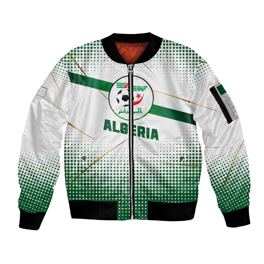 Algeria Soccer Sleeve Zip Bomber Jacket with Desert Warriors Text and National Flag Design