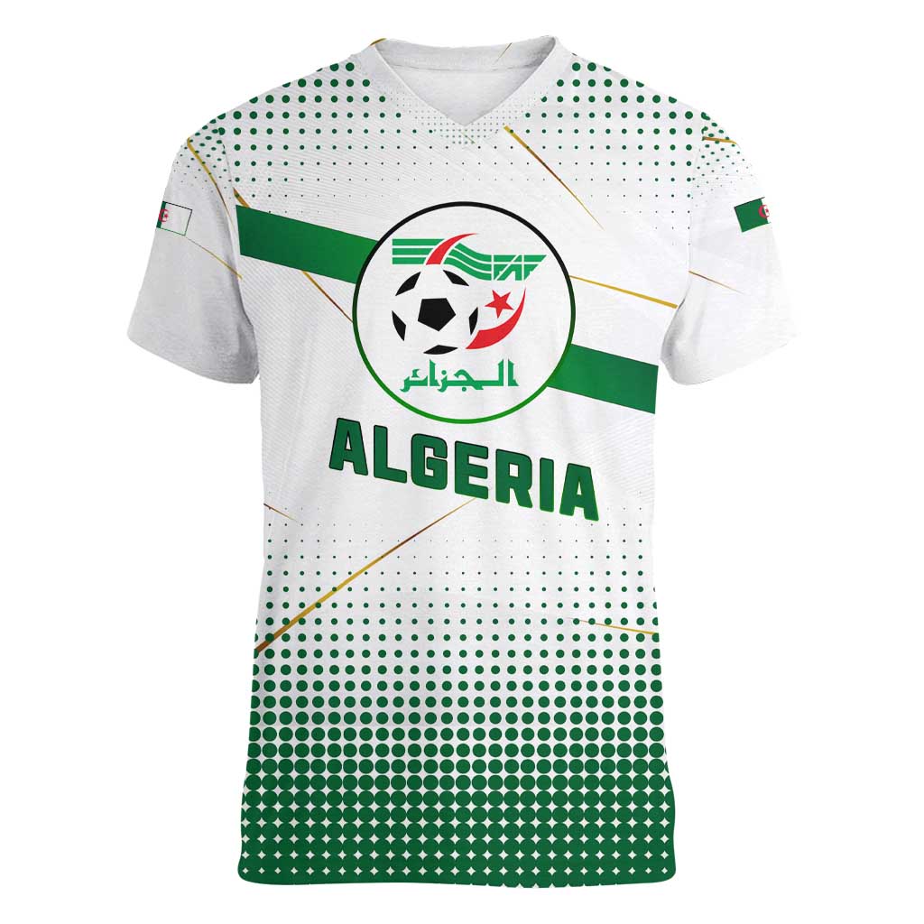 Algeria Soccer Women V-Neck T-Shirt with Desert Warriors Text and National Flag Design