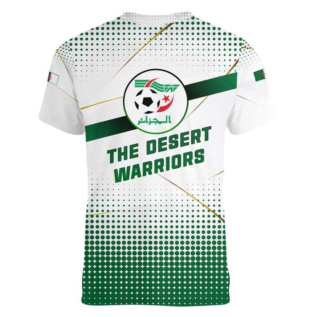 Algeria Soccer Women V-Neck T-Shirt with Desert Warriors Text and National Flag Design