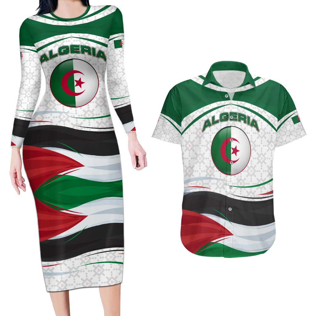 Algeria Couples Matching Long Sleeve Bodycon Dress and Hawaiian Shirt with National Flag and Coat of Arms Crest Design