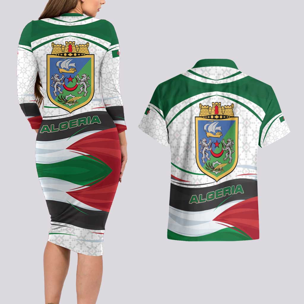 Algeria Couples Matching Long Sleeve Bodycon Dress and Hawaiian Shirt with National Flag and Coat of Arms Crest Design