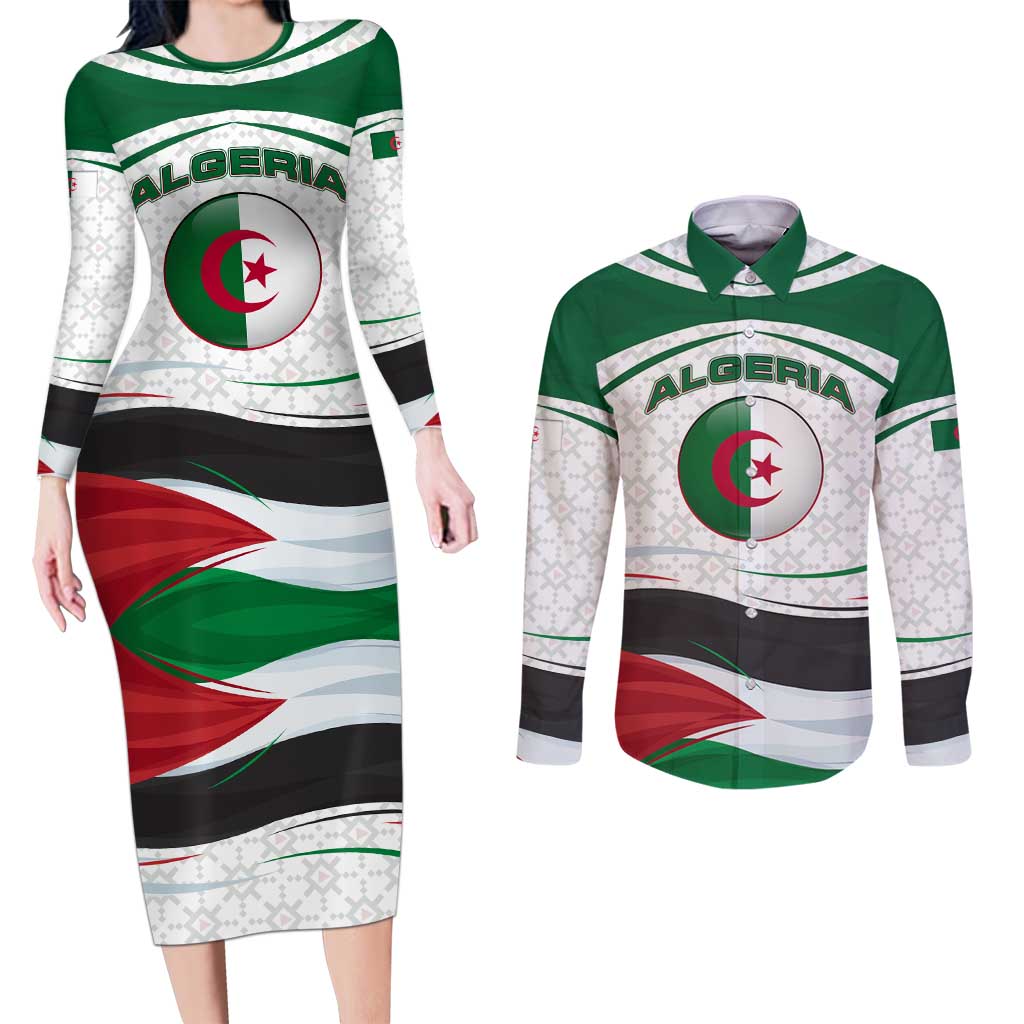 Algeria Couples Matching Long Sleeve Bodycon Dress and Long Sleeve Button Shirt with National Flag and Coat of Arms Crest Design