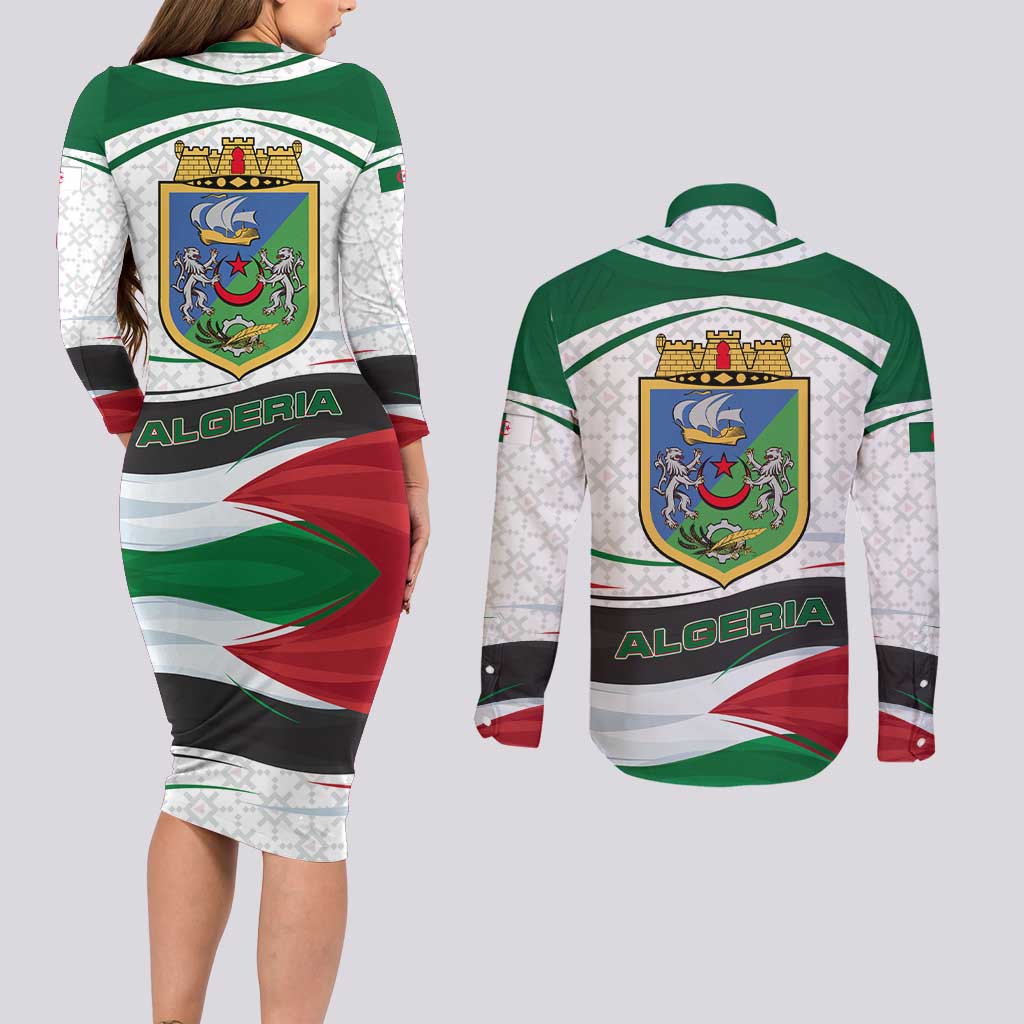 Algeria Couples Matching Long Sleeve Bodycon Dress and Long Sleeve Button Shirt with National Flag and Coat of Arms Crest Design