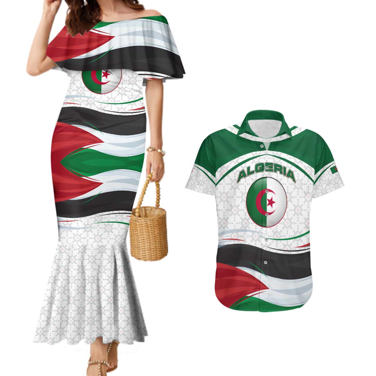 Algeria Couples Matching Mermaid Dress and Hawaiian Shirt with National Flag and Coat of Arms Crest Design