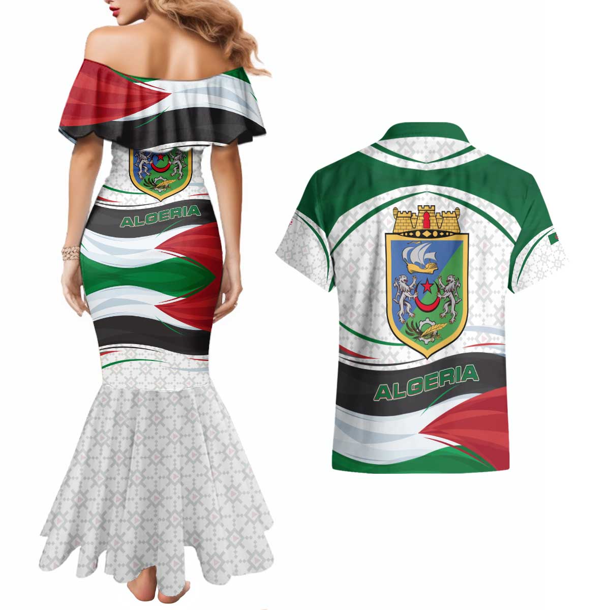 Algeria Couples Matching Mermaid Dress and Hawaiian Shirt with National Flag and Coat of Arms Crest Design