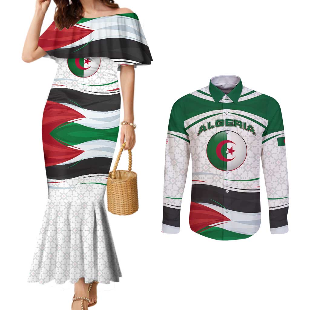 Algeria Couples Matching Mermaid Dress and Long Sleeve Button Shirt with National Flag and Coat of Arms Crest Design