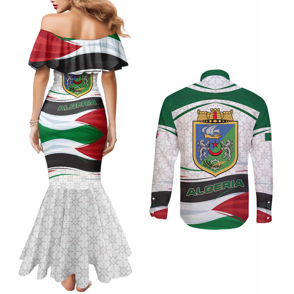 Algeria Couples Matching Mermaid Dress and Long Sleeve Button Shirt with National Flag and Coat of Arms Crest Design